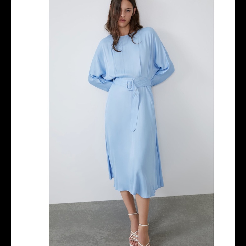 ZARA Baby Blue Belted Satin Effect Midi Dress - Picture 11 of 14